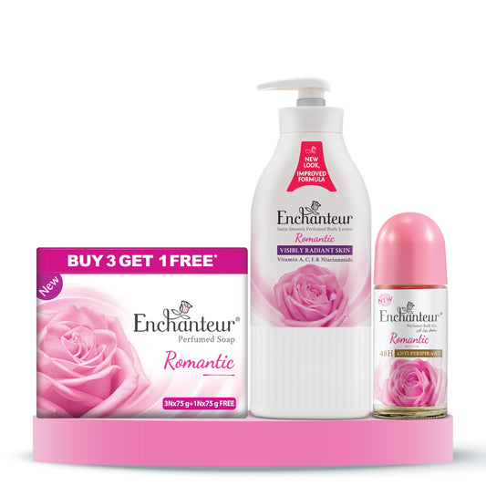 Enchanteur Perfumed Romantic Bathing Bar 75gms Pack of 3+1 & Romantic Hand and Body Lotion 500ml &  Romantic Roll-On Deodorant 50ml