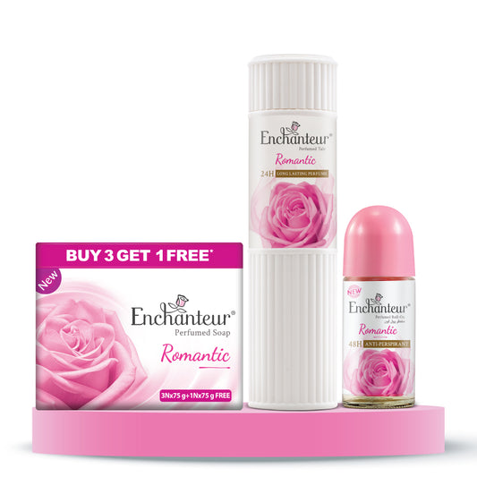 Enchanteur Perfumed Romantic Bathing Bar 75gms Pack of 3+1 , Romantic Talc 250gms & Romantic Roll-On Deodorant 50ml