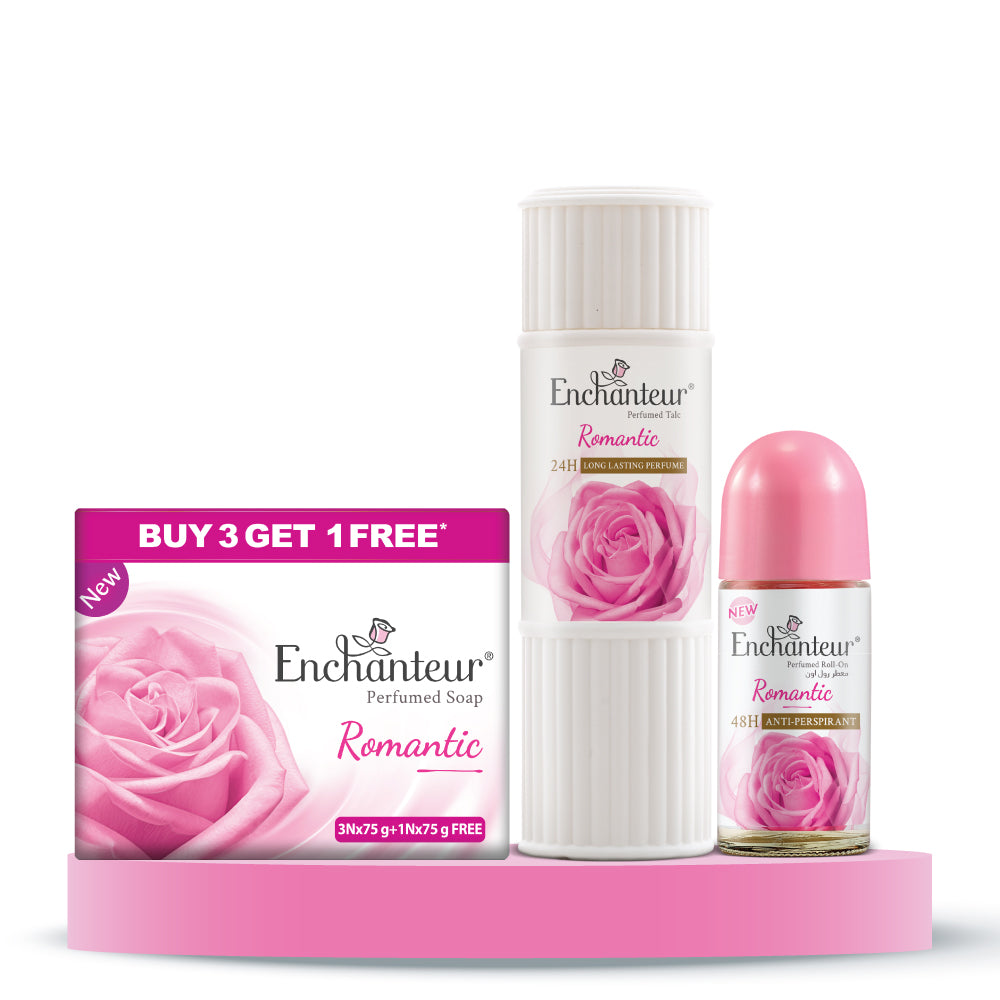 Enchanteur Perfumed Romantic Bathing Bar 75gms Pack of 3+1 , Romantic Talc 125gms & Romantic Roll-On Deodorant 50ml