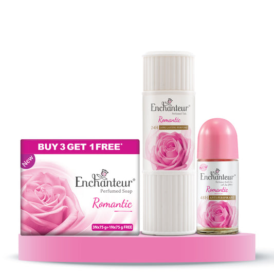 Enchanteur Perfumed Romantic Bathing Bar 75gms Pack of 3+1 , Romantic Talc 125gms & Romantic Roll-On Deodorant 50ml