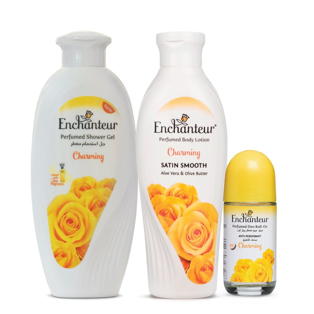 Enchanteur Charming Shower gel 250gms & Charming Hand and Body Lotion 250ml & Charming Roll-On Deodorant 50ml By Enchanteur