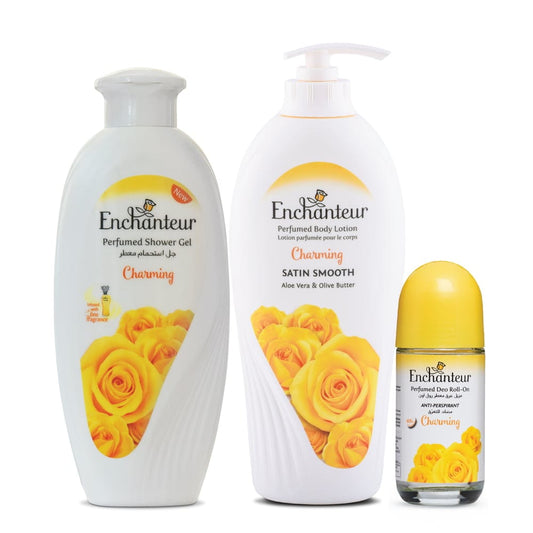 Enchanteur Charming Shower gel 250gms & Charming Hand and Body Lotion 500ml & Charming Roll-On Deodorant 50ml By Enchanteur