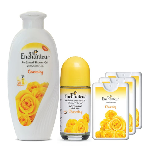 Enchanteur Charming Shower gel 250gms & Charming Roll-On Deodorant 50ml & Charming Pocket Perfume, 18ml (Pack of 3) By Enchanteur