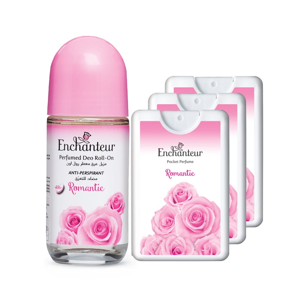 Enchanteur Romantic Roll-On Deodorant 50ml & Romantic Pocket Perfume, 18ml (Pack of 3) By Enchanteur