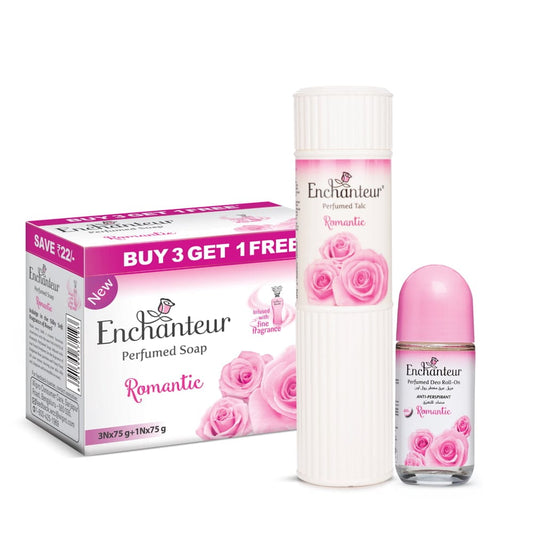 Enchanteur Perfumed Romantic Bathing Bar 75gms Pack of 3+1 , Romantic Talc 125gms & Romantic Roll-On Deodorant 50ml By Enchanteur
