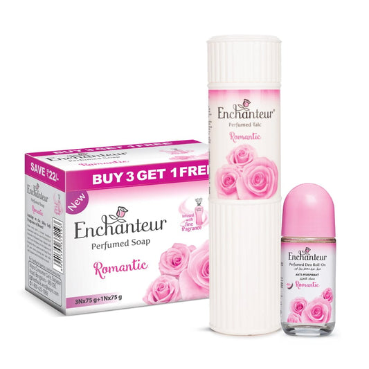 Enchanteur Perfumed Romantic Bathing Bar 75gms Pack of 3+1 , Romantic Talc 250gms & Romantic Roll-On Deodorant 50ml By Enchanteur