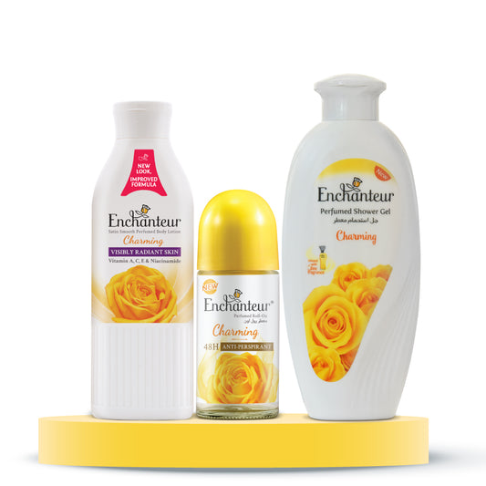 Enchanteur Charming Shower gel 250gms & Charming Hand and Body Lotion 250ml & Charming Roll-On Deodorant 50ml