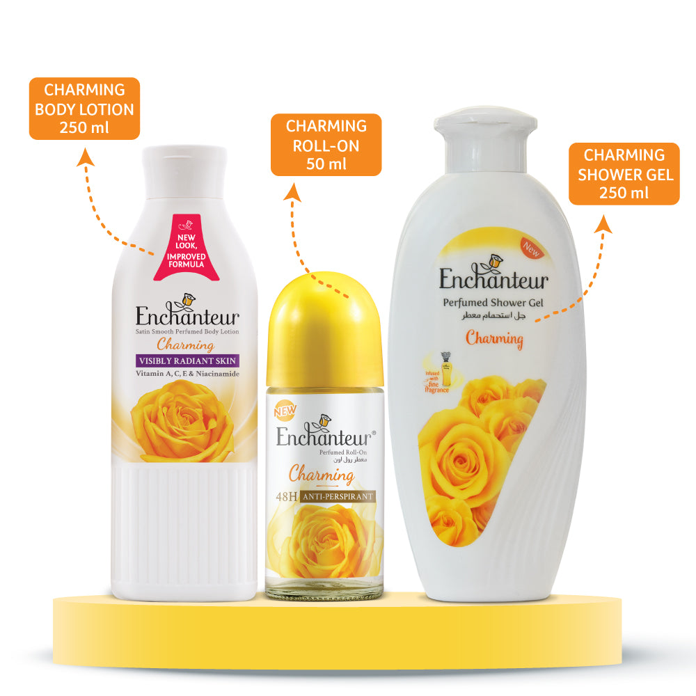 Enchanteur Charming Shower gel 250gms & Charming Hand and Body Lotion 250ml & Charming Roll-On Deodorant 50ml
