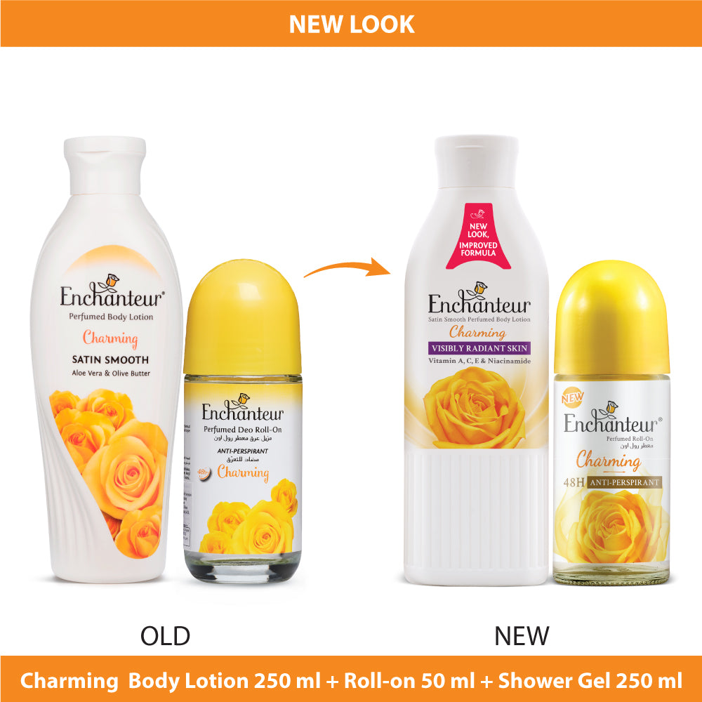 Enchanteur Charming Shower gel 250gms & Charming Hand and Body Lotion 250ml & Charming Roll-On Deodorant 50ml
