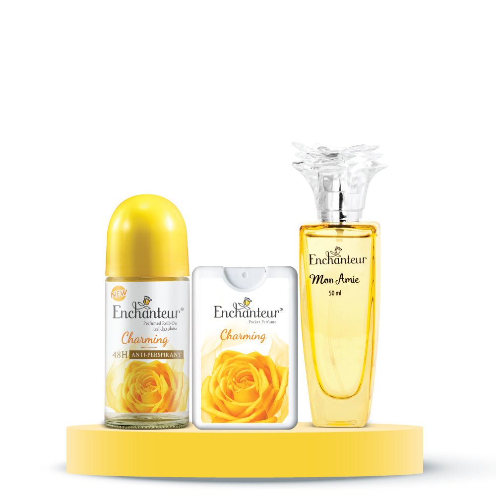 Enchanteur Mon Amie Daily wear Perfume for Women, 50ml & Charming Pocket Perfume, 18ml & Charming Roll-On Deodorant, 50ml