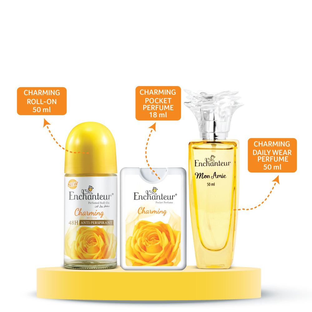Enchanteur Mon Amie Daily wear Perfume for Women, 50ml & Charming Pocket Perfume, 18ml & Charming Roll-On Deodorant, 50ml