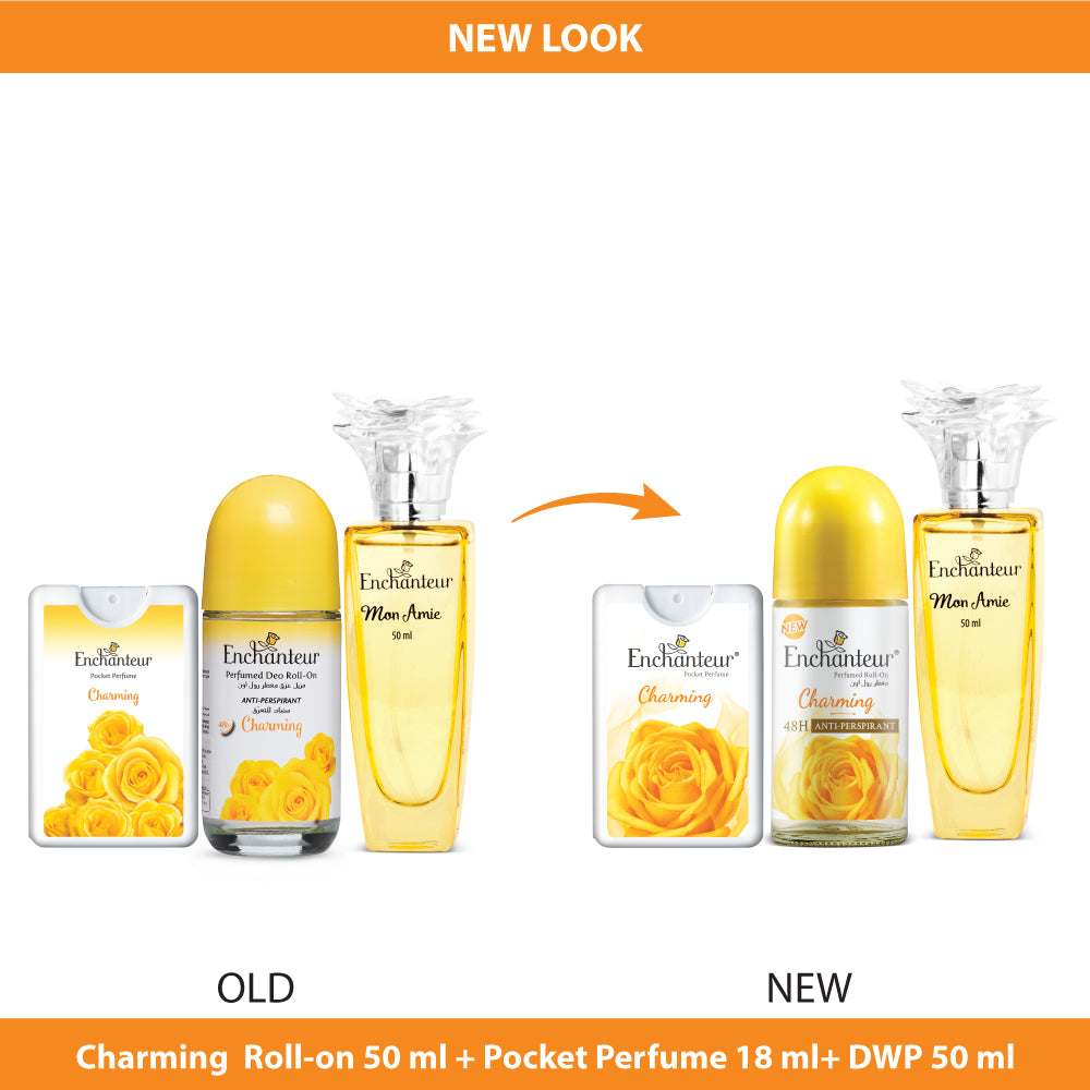 Enchanteur Mon Amie Daily wear Perfume for Women, 50ml & Charming Pocket Perfume, 18ml & Charming Roll-On Deodorant, 50ml