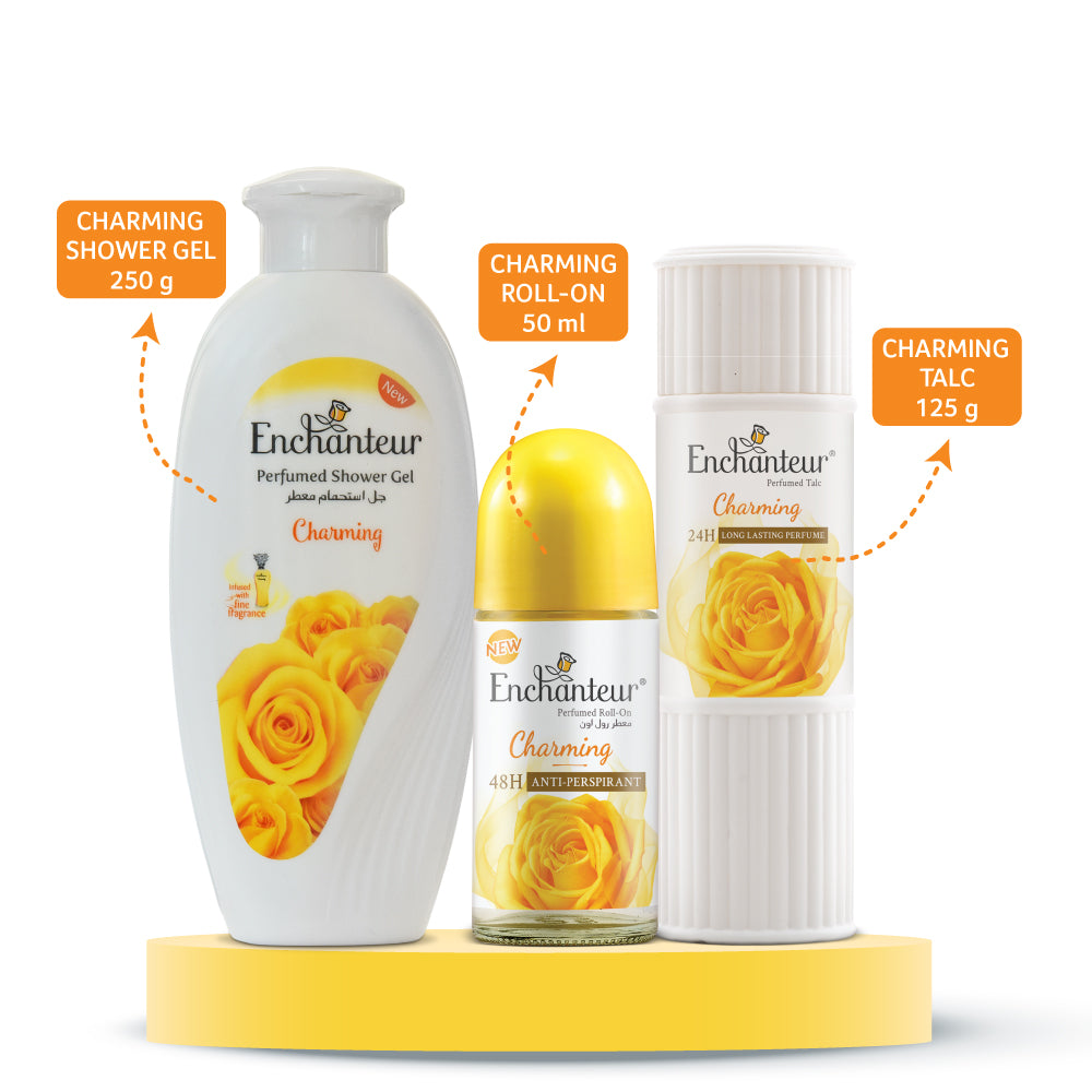 Enchanteur Charming Shower gel 250gms, Charming Talc 125gms & Charming Roll-On Deodorant, 50ml