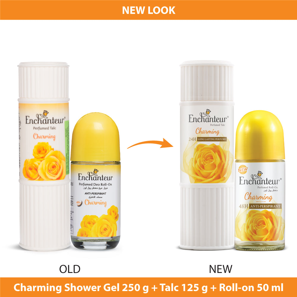 Enchanteur Charming Shower gel 250gms, Charming Talc 125gms & Charming Roll-On Deodorant, 50ml