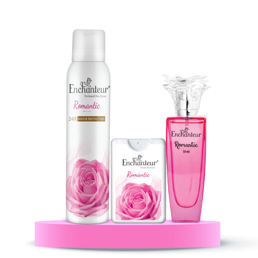 Enchanteur Romantic Daily wear Perfume for Women, 50ml & Romantic Perfumed Deo Spray for Women, 150 ml & Romantic Pocket Perfume ,18 ml
