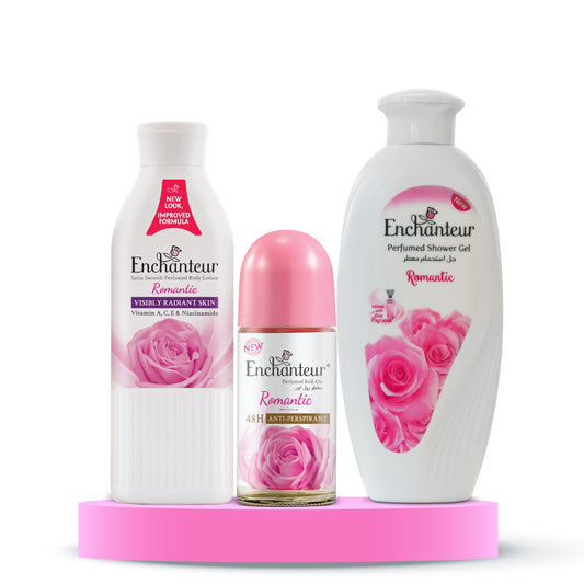 Enchanteur Romantic Shower gel 250gms & Romantic Hand and Body Lotion 250ml &  Romantic Roll-On Deodorant 50ml