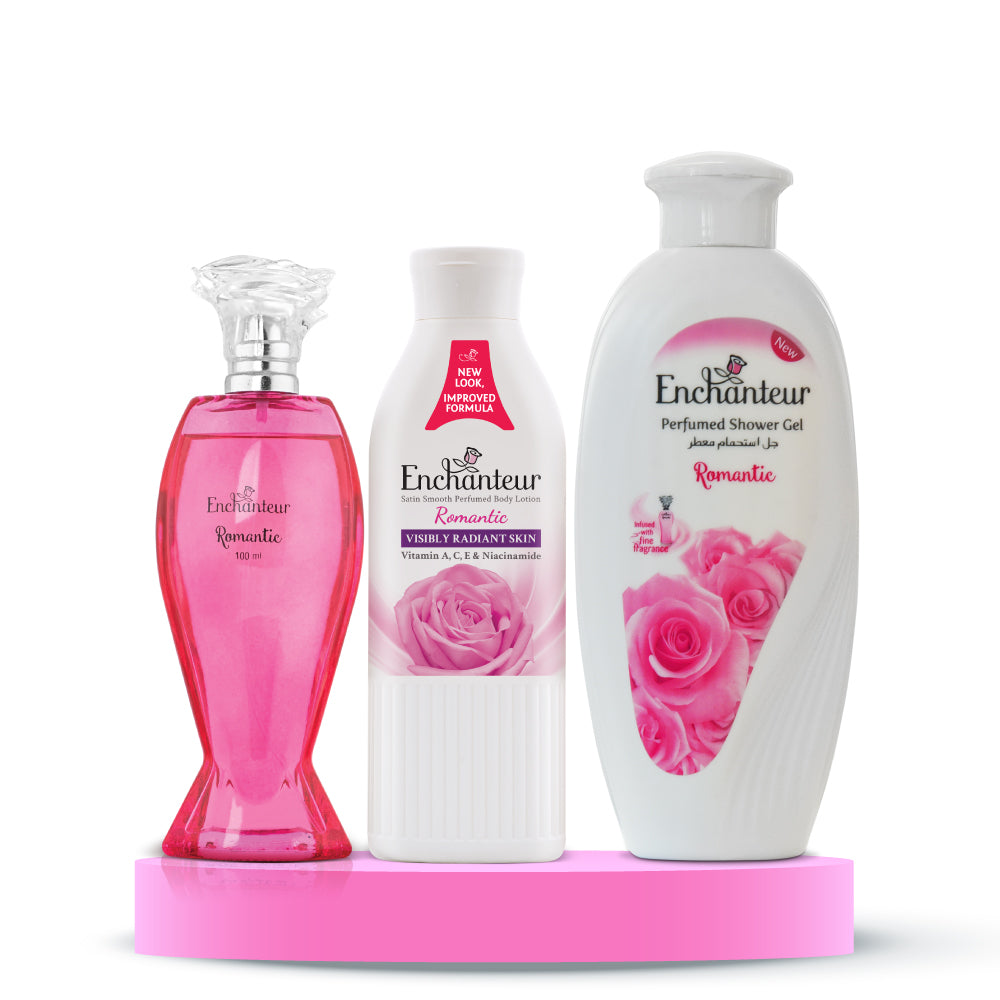 Enchanteur Romantic Daily wear Perfume for Women, 100 ml & Romantic Hand and Body Lotion, 250ml & Romantic Shower gel, 250 gm