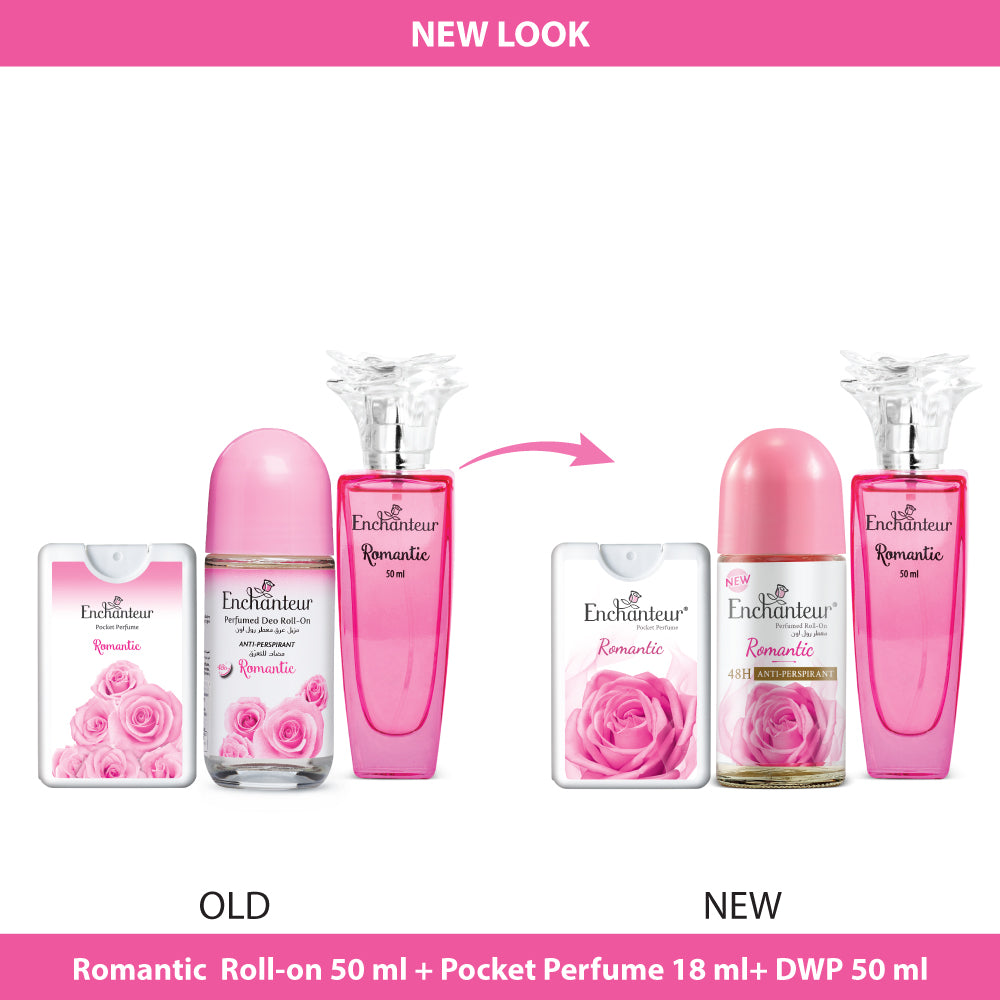 Enchanteur Romantic Daily wear Perfume for Women 50 ml & Romantic Roll-On Deodorant 50 ml & Romantic Pocket Perfume 18 ml