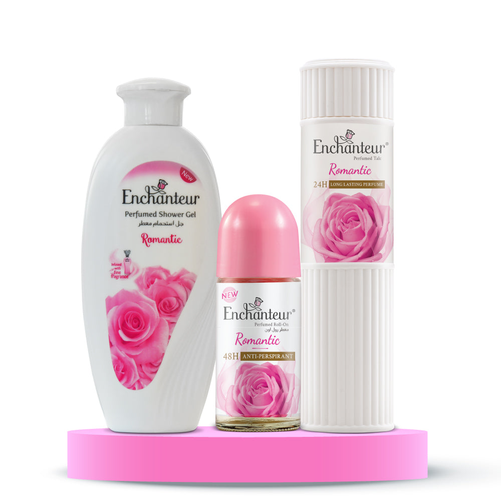 Enchanteur Romantic Shower gel 250gms, Romantic Talc 250gms & Romantic Roll-On Deodorant, 50ml