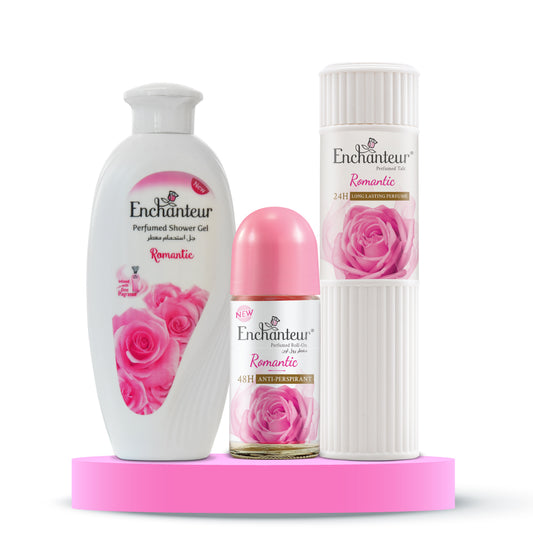 Enchanteur Romantic Shower gel 250gms, Romantic Talc 250gms & Romantic Roll-On Deodorant, 50ml