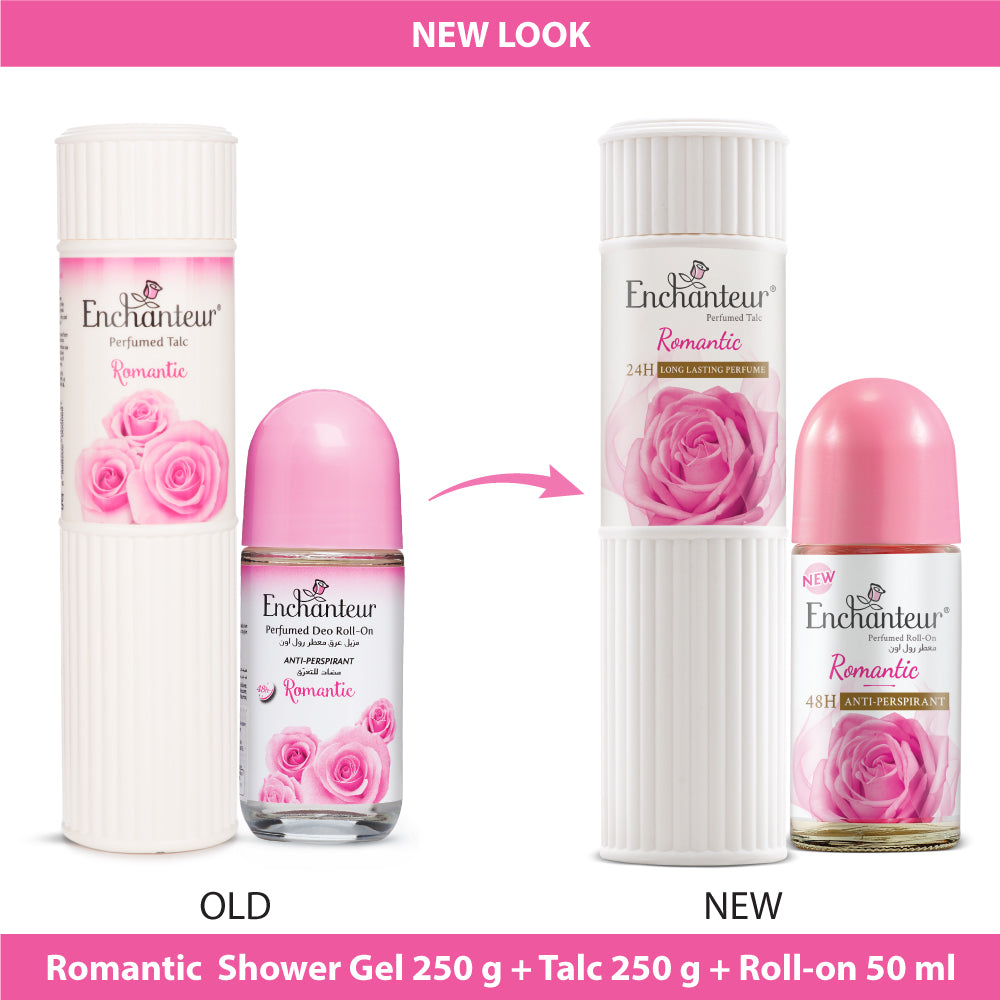 Enchanteur Romantic Shower gel 250gms, Romantic Talc 250gms & Romantic Roll-On Deodorant, 50ml