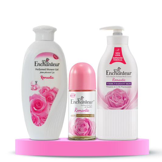 Enchanteur Romantic Shower gel 250gms & Romantic Hand and Body Lotion 500ml & Romantic Roll-On Deodorant 50ml
