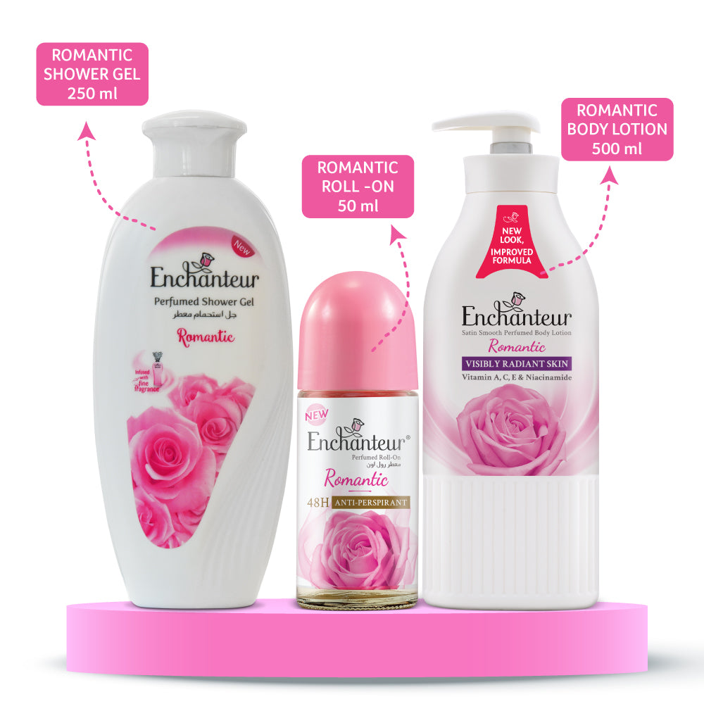 Enchanteur Romantic Shower gel 250gms & Romantic Hand and Body Lotion 500ml & Romantic Roll-On Deodorant 50ml