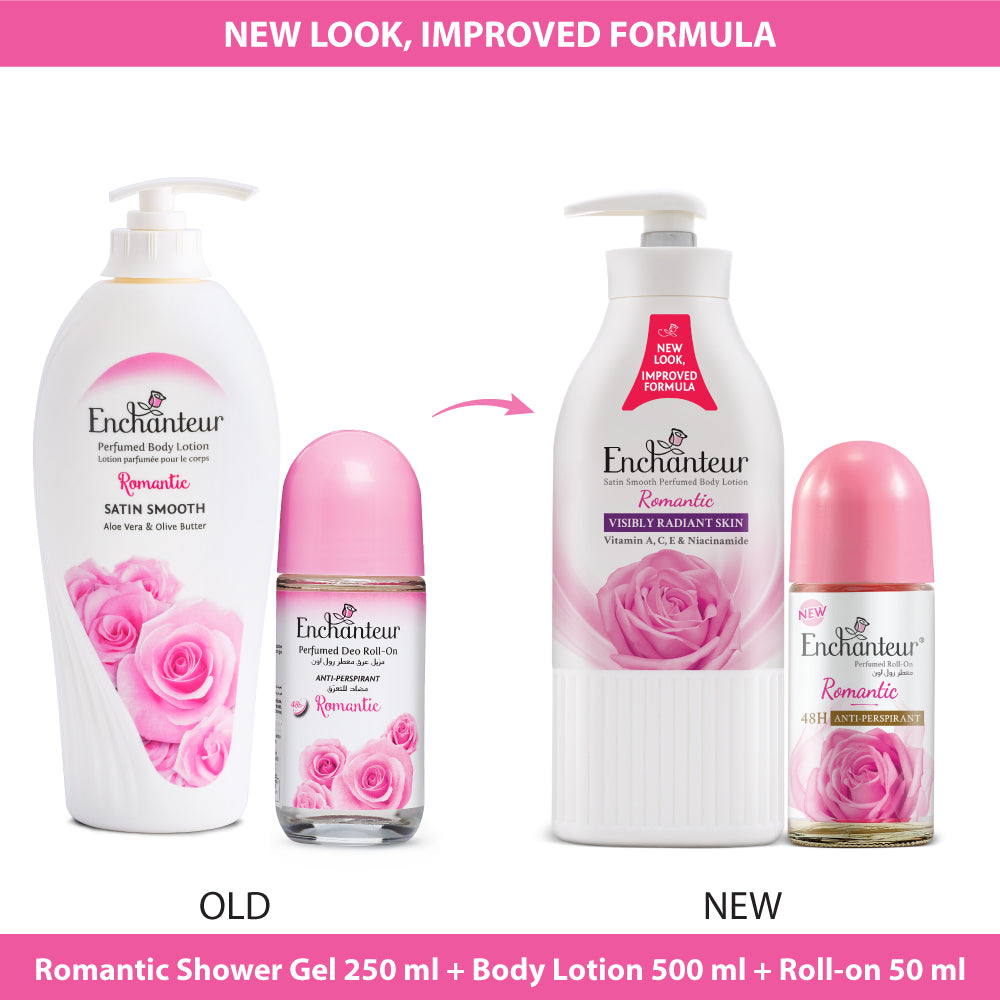 Enchanteur Romantic Shower gel 250gms & Romantic Hand and Body Lotion 500ml & Romantic Roll-On Deodorant 50ml