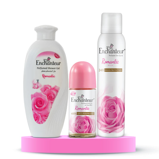 Enchanteur Romantic Shower gel 250gms & Romantic Hand and Body Lotion 500ml & Romantic Roll-On Deodorant 50ml