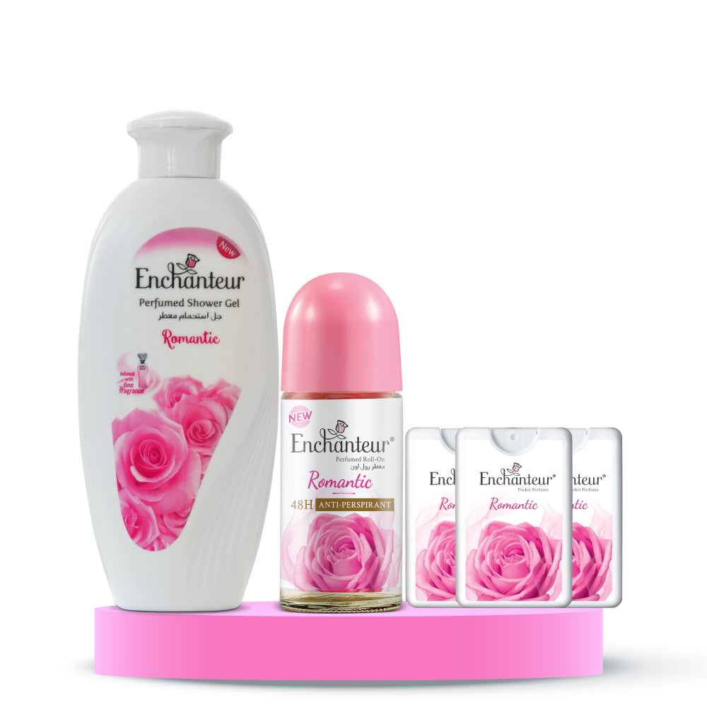 Enchanteur Romantic Shower gel 250gms & Romantic Roll-On Deodorant 50ml & Romantic Pocket Perfume, 18ml (Pack of 3)