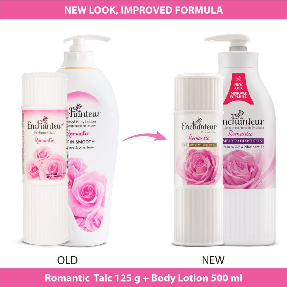 Enchanteur Romantic Perfumed Body Talc 125gms & Romantic Hand and Body Lotion 500ml