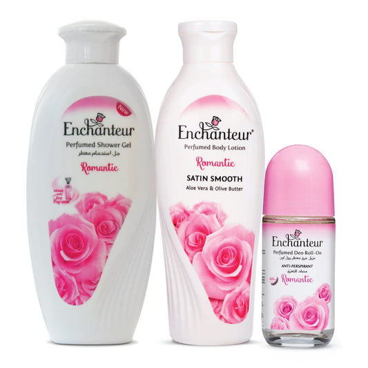 Enchanteur Romantic Shower gel 250gms & Romantic Hand and Body Lotion 500ml & Romantic Roll-On Deodorant 50ml By Enchanteur