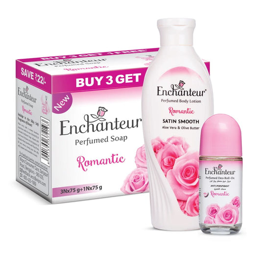 Enchanteur Perfumed Romantic Bathing Bar 75gms Pack of 3+1 & Romantic Hand and Body Lotion 250ml &  Romantic Roll-On Deodorant 50ml By Enchanteur