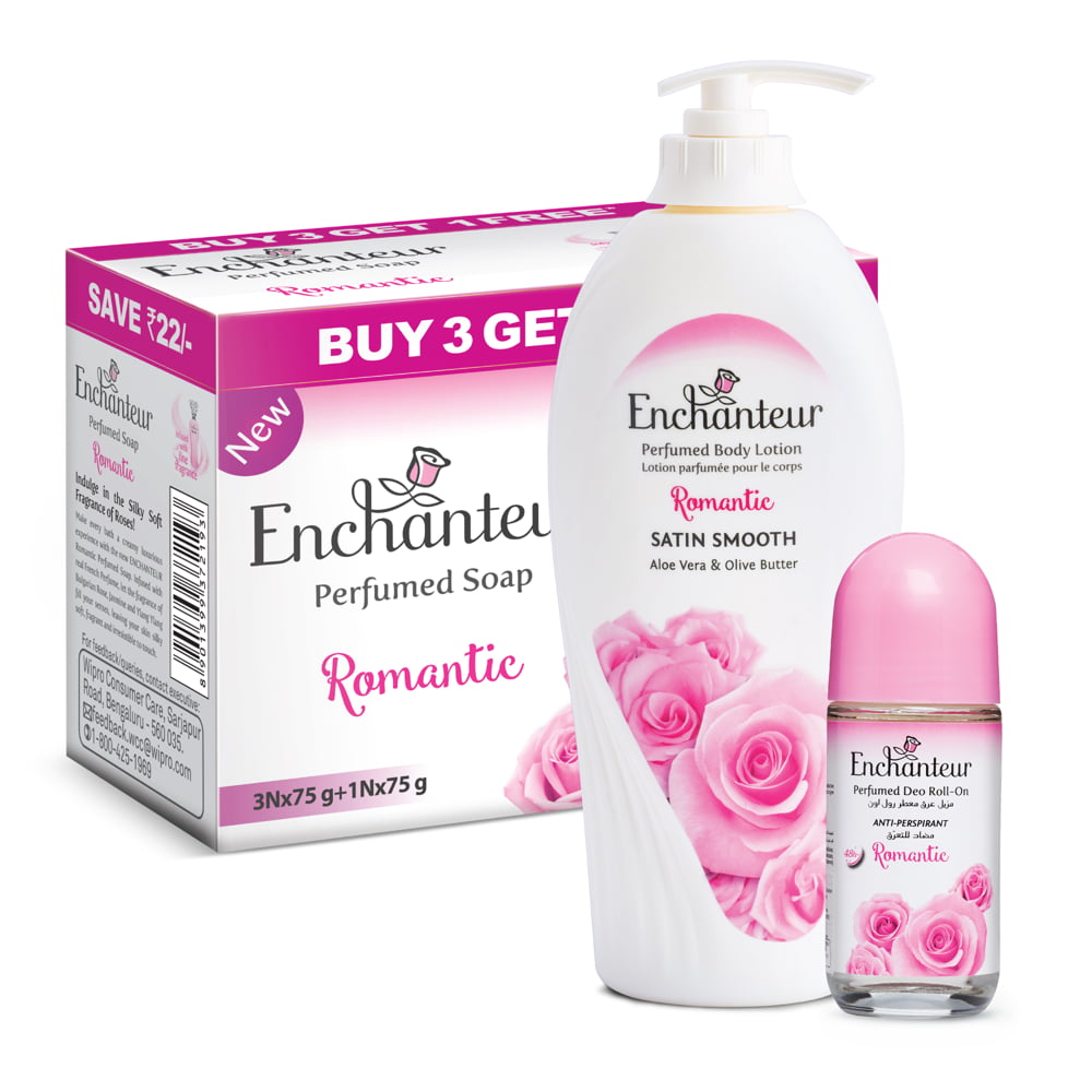 Enchanteur Perfumed Romantic Bathing Bar 75gms Pack of 3+1 & Romantic Hand and Body Lotion 500ml &  Romantic Roll-On Deodorant 50ml