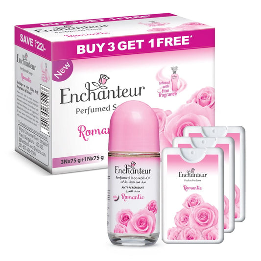 Enchanteur Perfumed Romantic Bathing Bar 75gms Pack of 3+1 & Romantic Roll-On Deodorant 50ml & Romantic Pocket Perfume, 18ml (Pack of 3) By Enchanteur