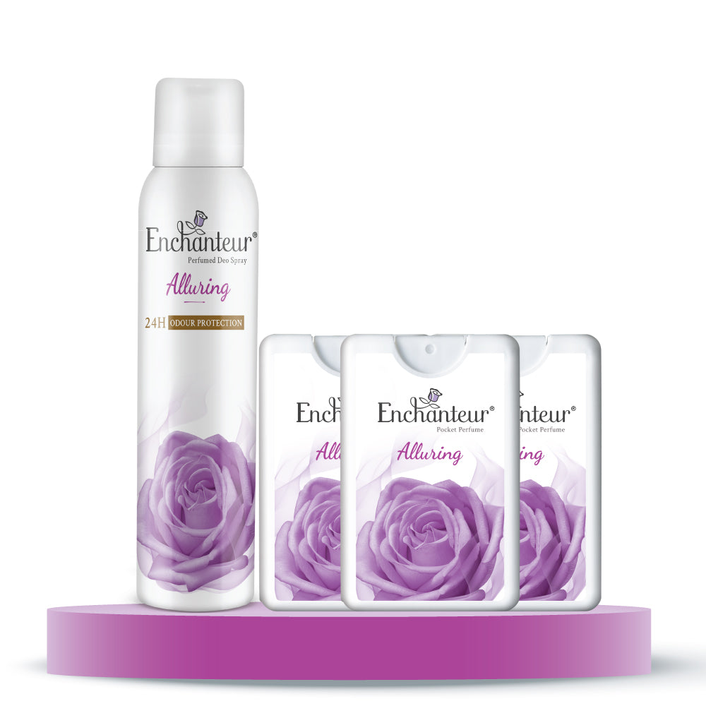 Enchanteur Alluring Perfumed Deo Spray 150ml & Alluring Pocket Perfume, 18ml (Pack of 3)
