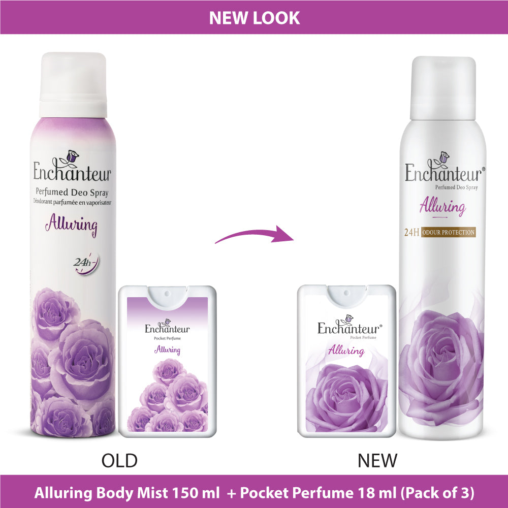 Enchanteur Alluring Perfumed Deo Spray 150ml & Alluring Pocket Perfume, 18ml (Pack of 3)