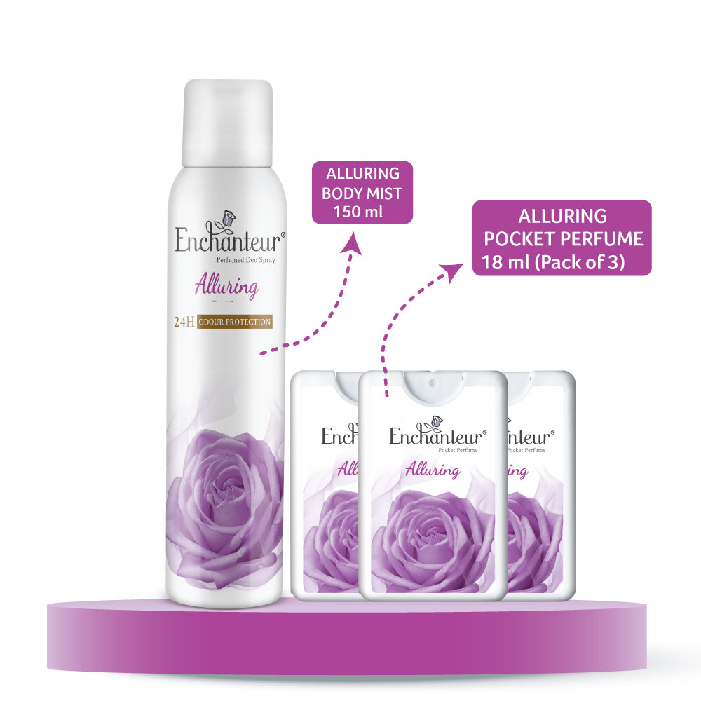 Enchanteur Alluring Perfumed Deo Spray 150ml & Alluring Pocket Perfume, 18ml (Pack of 3)