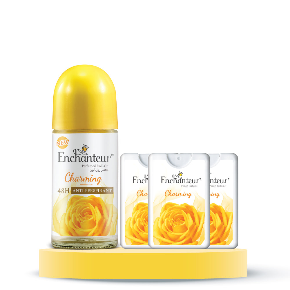 Enchanteur Charming Roll-On Deodorant 50ml & Charming Pocket Perfume, 18ml (Pack of 3)