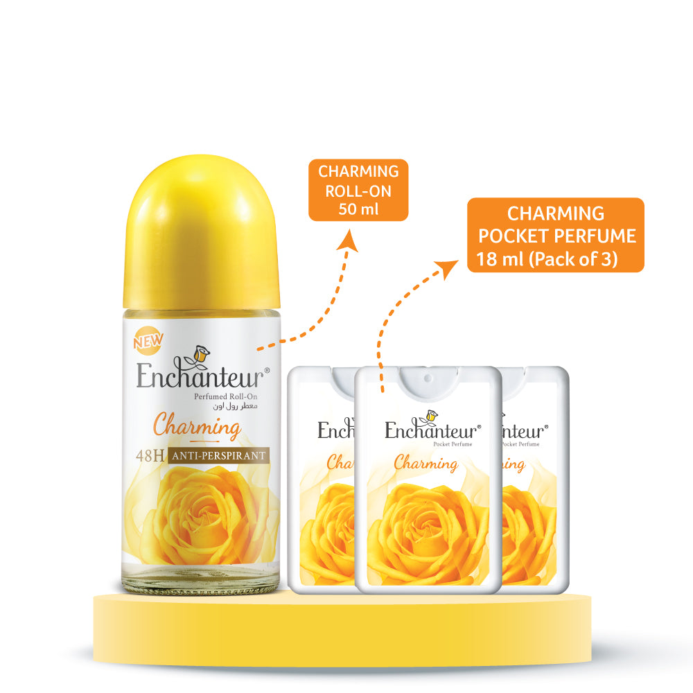 Enchanteur Charming Roll-On Deodorant 50ml & Charming Pocket Perfume, 18ml (Pack of 3)