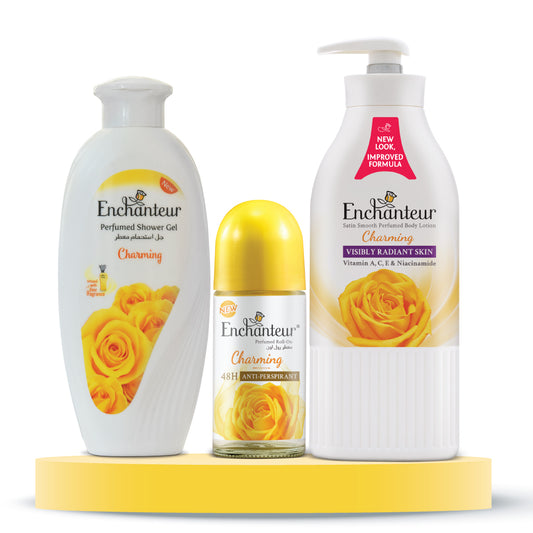 Enchanteur Charming Shower gel 250gms & Charming Hand and Body Lotion 500ml & Charming Roll-On Deodorant 50ml