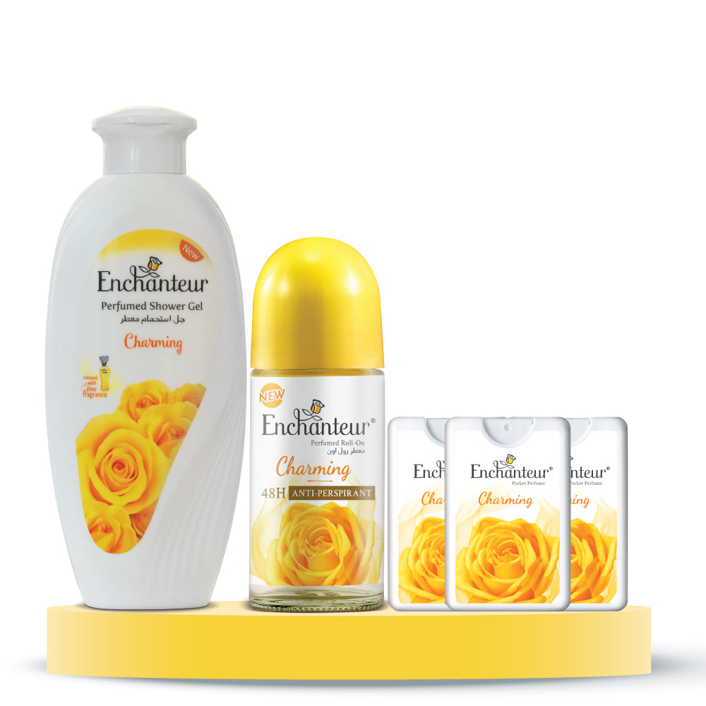 Enchanteur Charming Shower gel 250gms & Charming Roll-On Deodorant 50ml & Charming Pocket Perfume, 18ml (Pack of 3)