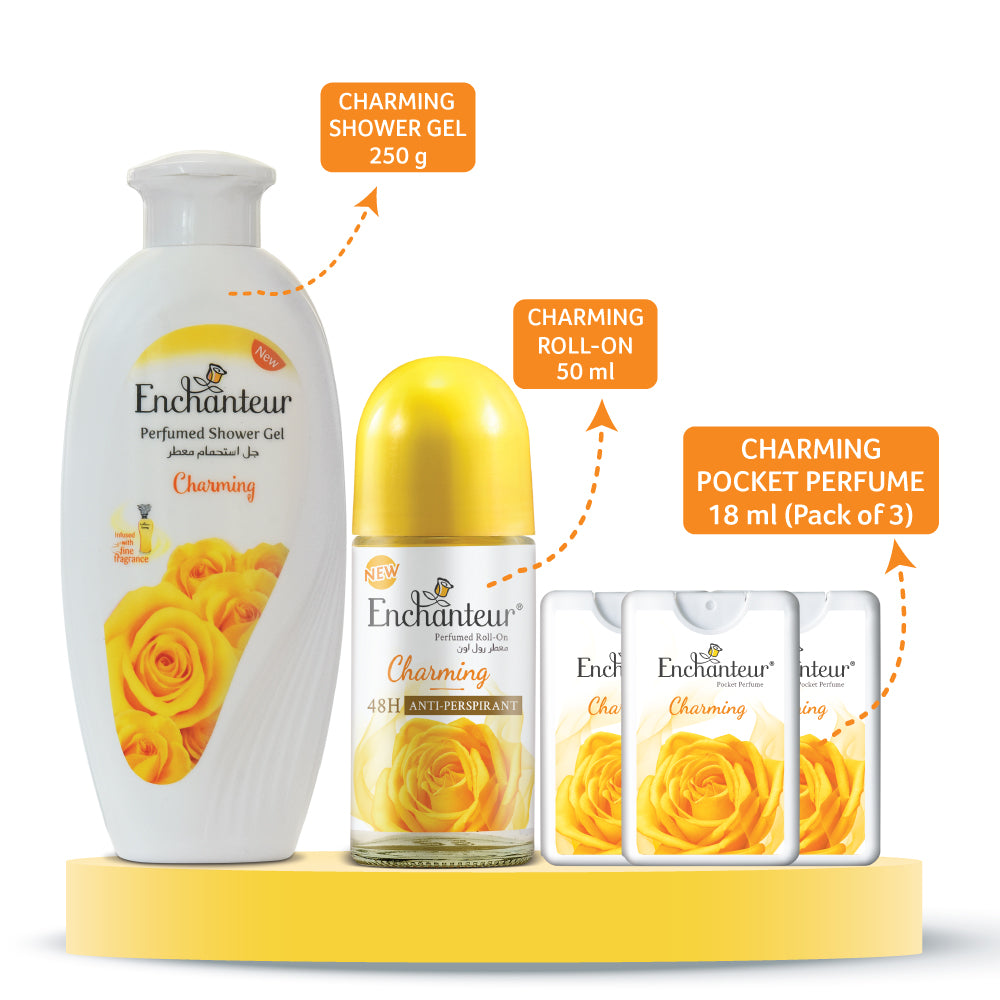 Enchanteur Charming Shower gel 250gms & Charming Roll-On Deodorant 50ml & Charming Pocket Perfume, 18ml (Pack of 3)