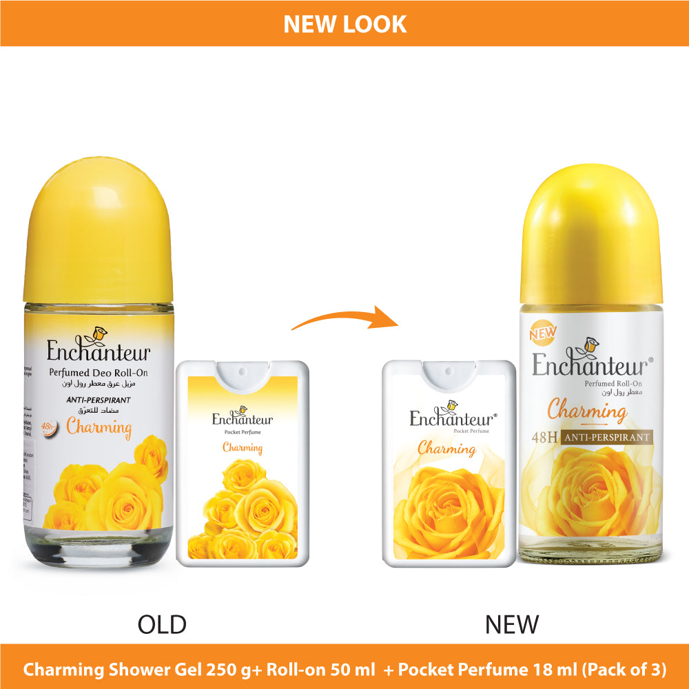 Enchanteur Charming Shower gel 250gms & Charming Roll-On Deodorant 50ml & Charming Pocket Perfume, 18ml (Pack of 3)
