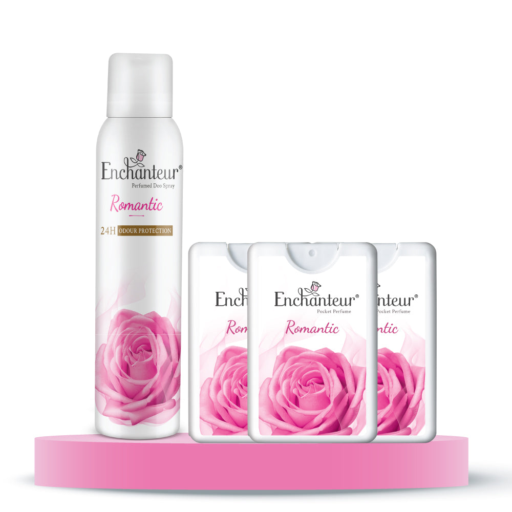 Enchanteur Romantic Perfumed Deo Spray 150ml & Romantic Pocket Perfume, 18ml (Pack of 3)