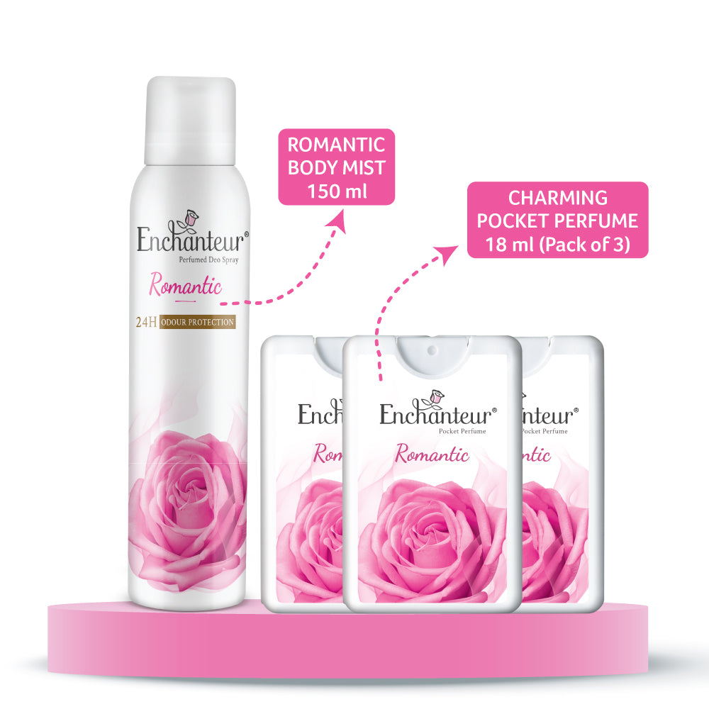 Enchanteur Romantic Perfumed Deo Spray 150ml & Romantic Pocket Perfume, 18ml (Pack of 3)