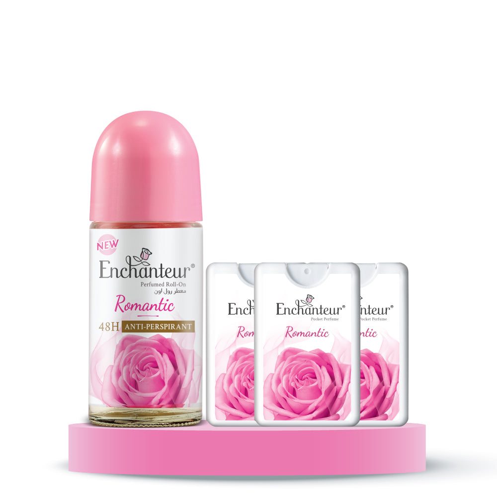 Enchanteur Romantic Roll-On Deodorant 50ml & Romantic Pocket Perfume, 18ml (Pack of 3)