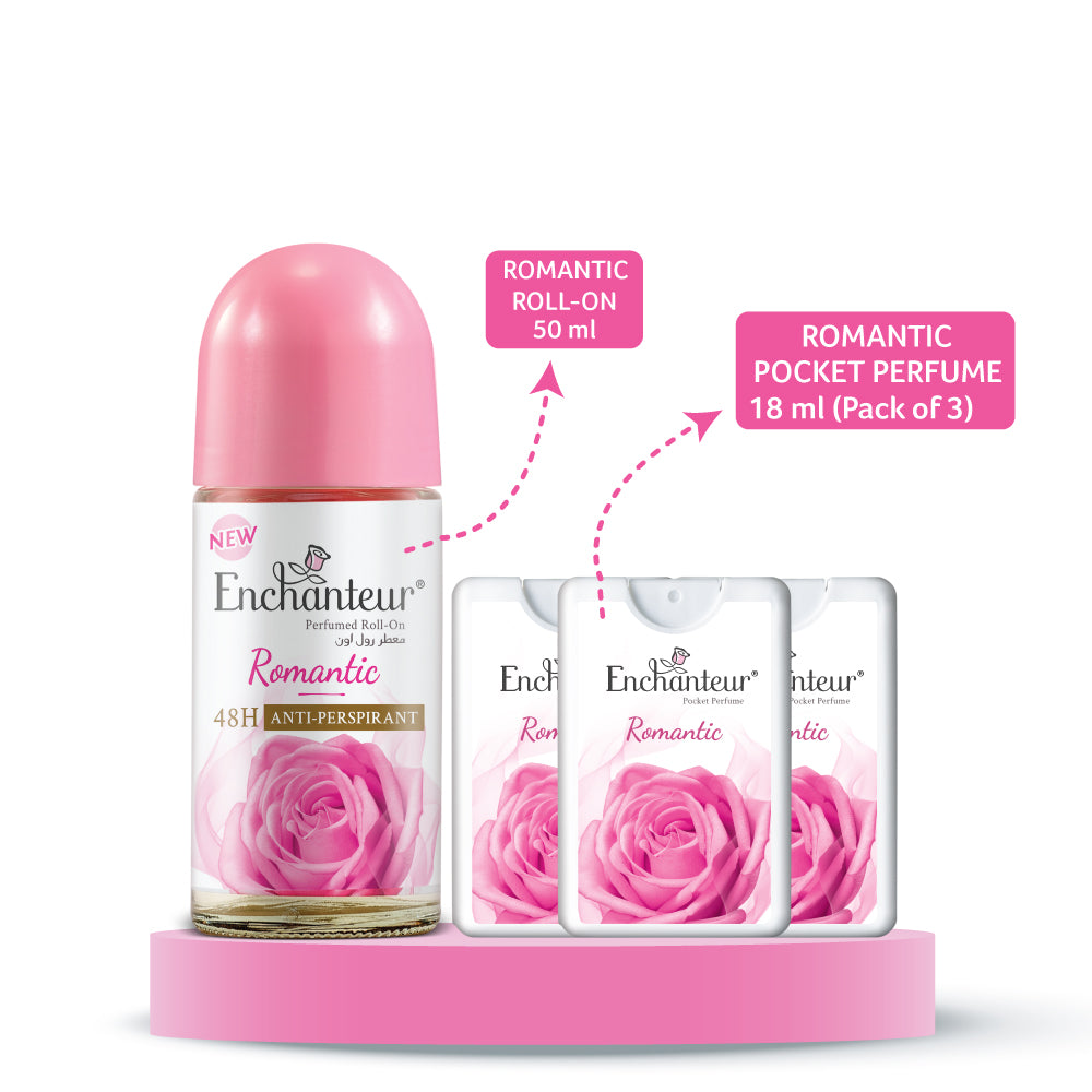 Enchanteur Romantic Roll-On Deodorant 50ml & Romantic Pocket Perfume, 18ml (Pack of 3)