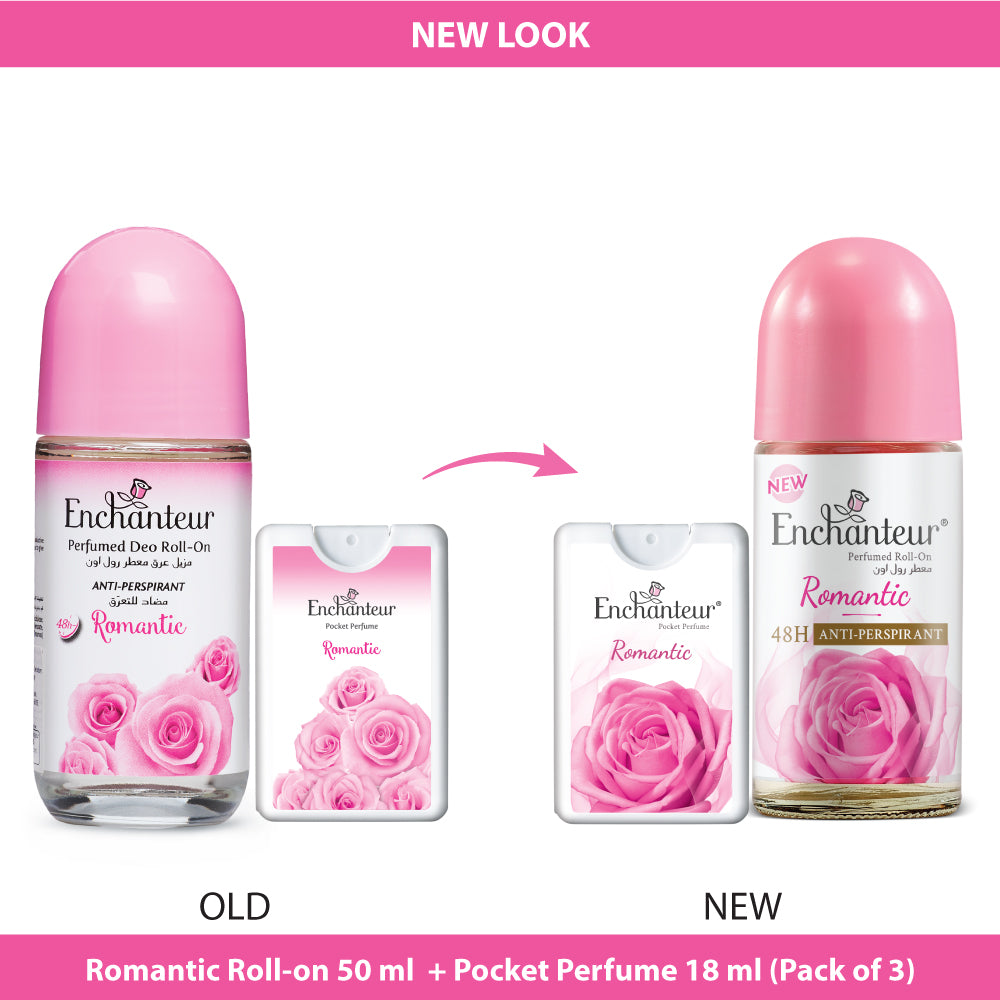 Enchanteur Romantic Roll-On Deodorant 50ml & Romantic Pocket Perfume, 18ml (Pack of 3)