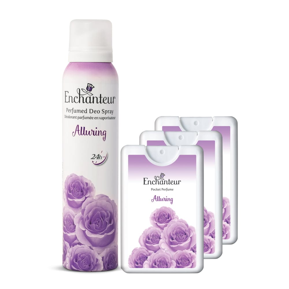 Enchanteur Alluring Perfumed Deo Spray 150ml & Alluring Pocket Perfume, 18ml (Pack of 3)